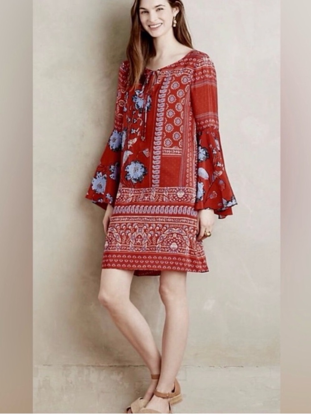 Anthropologie Isabelle Shift Dress Size 2 Silk Retro Boho Red Mixed Print Hippie